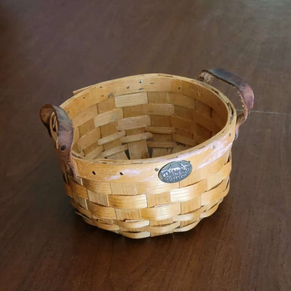 Vintage Peterboro Basket Company Round Basket Leather handles Diameter 7.25